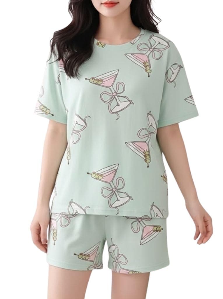 SMOWKLY Korean Night Dress || Shorts Set ||Korean Nightsuit || Women Nightwear ||Round Neck Half Sleeve Nightsuit || Loungewear || Everyday Nightdress(1669_PST_XS