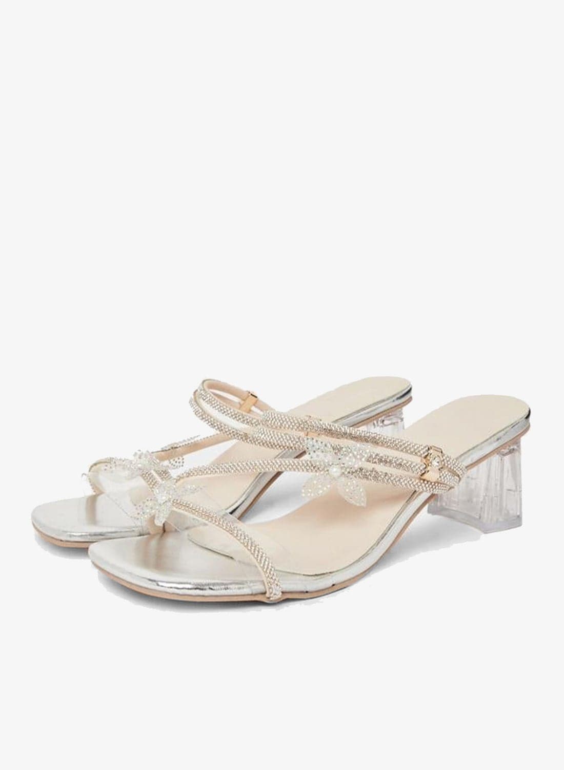 Women Silver Rhinestone Butterfly Block Heel Sandals