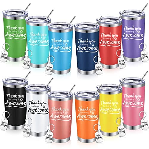 Sieral 24 Pieces Thank You for Being Awesome Tumbler, Thank You Supplies for Women Men 20oz Insulated Stainless Steel Travel Tumbler with Lid and Straw Appreciation Gift with Keychain (Multicolor)