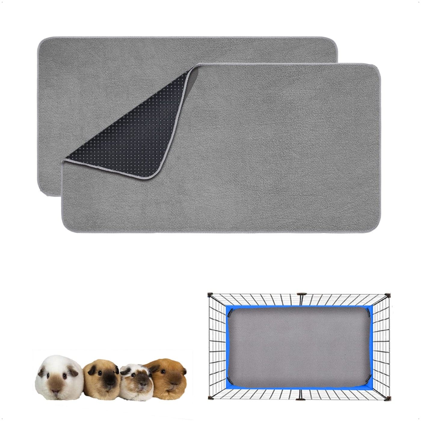 GINIDEAR Guinea Pig Cage Liner 2 Pack Washable Reusable Leakproof Fleece Bedding Pads for Small Animals with AntiSlip Bottom for 15x29 Area Gray