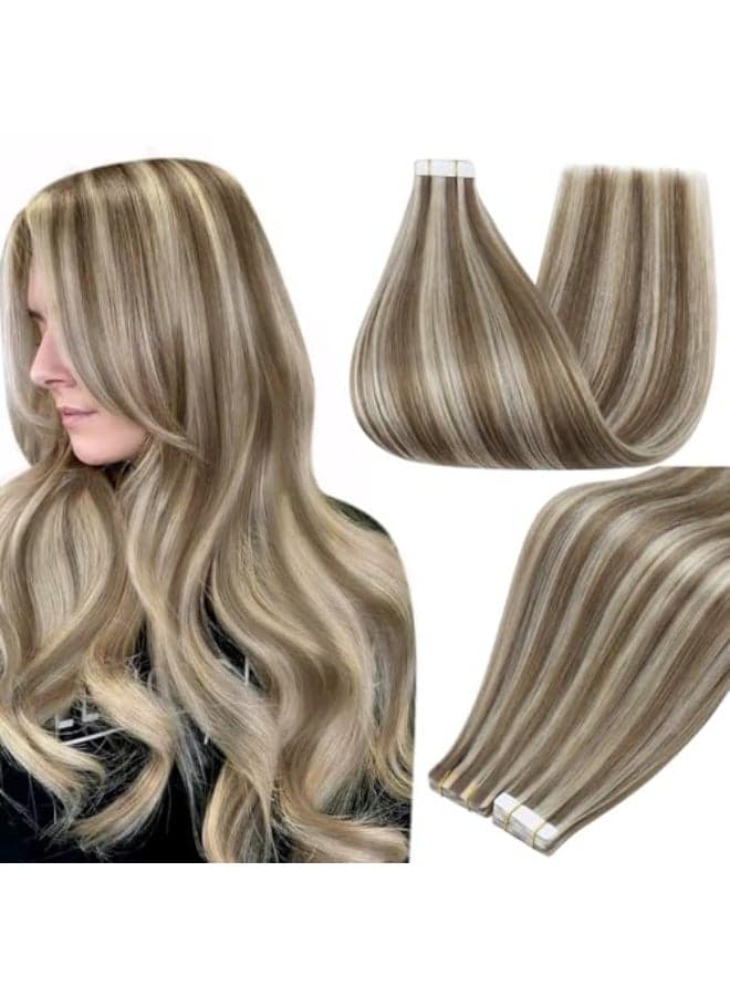 Full Shine Tape in Hair Extensions Invisible Skin Weft Straight Hair Remy Human Hair Extensions Tape ins 50Gram 18 Inch 8 Ash Brown Highlighted 60 White Blonde Seamless Hair Extensions Real Human Hair