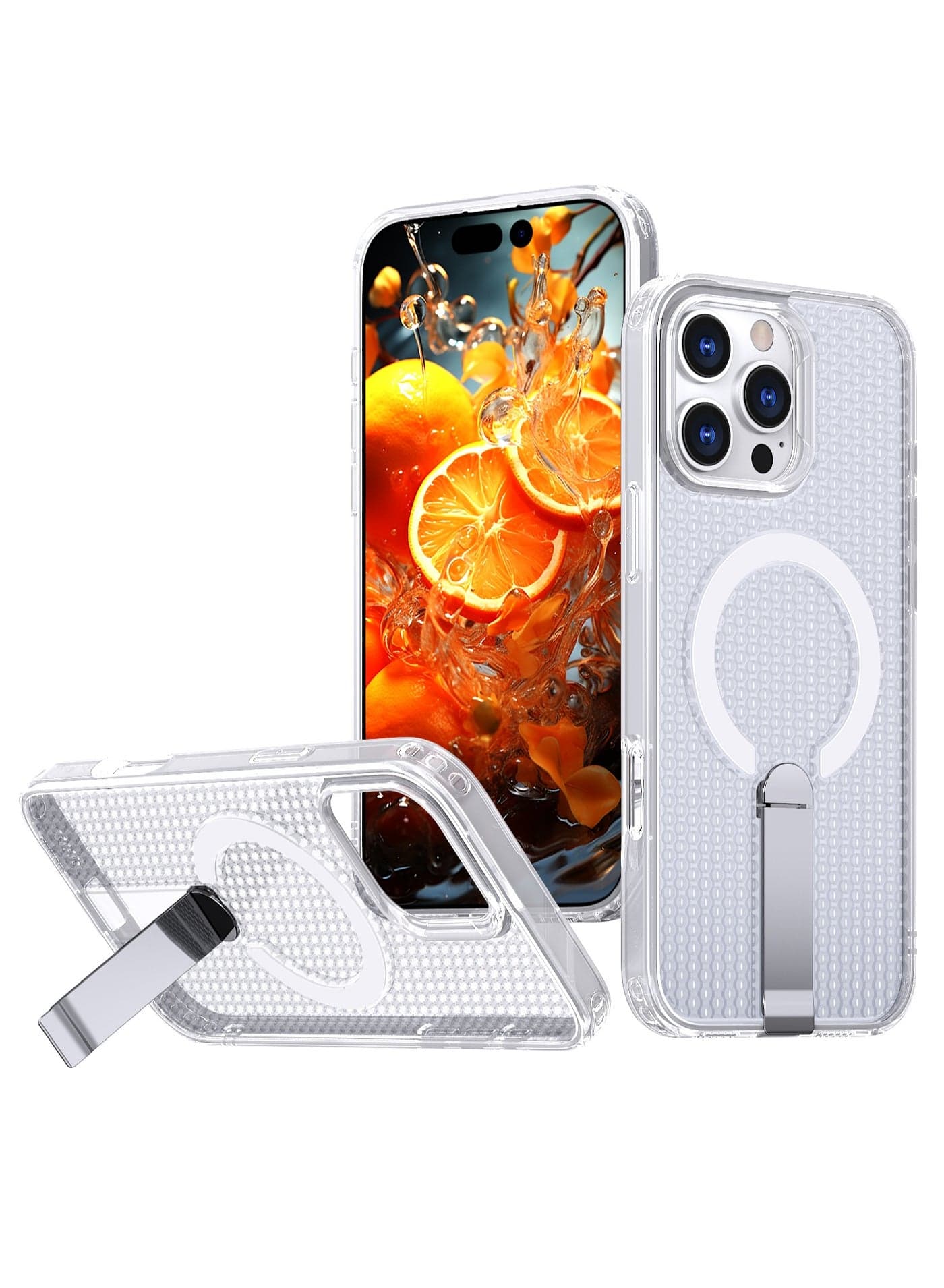 iPhone 16 Pro Max Cooling Case with 3D Dual Honeycomb Heat Dissipation, Magnetic MagSafe Ring Metal Stand, Full-Body Precision-Raised Anti-Drop Protection - Clear (1-Pack)