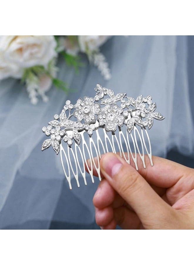 Crystal Wedding Hair Comb Rhinestone Bride headpiece Silver Flower hair piece Leaf Side Hair Combs for Women