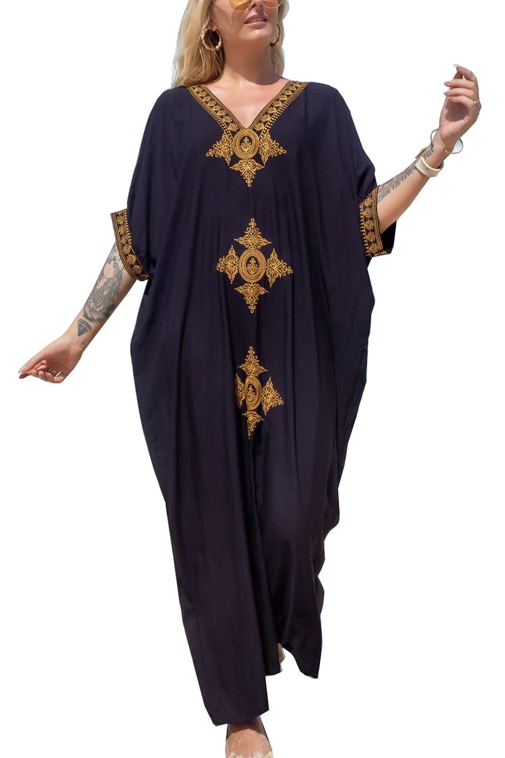 YouKD Summer Embroidered Long Kaftan Bohemian Kimono Beach Swimsuit Cover Up Maxi Dress for Women