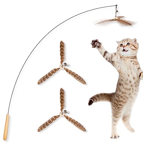 JXFUKAL Cat Wand Toys Interactive Cat Toys with 3 Feather Refills 29 Flexible Steel Wire Sturdy Wood Handle Bell for Kitty Kitten Cat Toys for Indoor Cats Teaser Cat String Toy