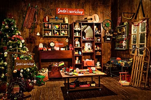 Christmas Santas Workshop Photography Backdrop Vintage Rustic Wood House Cottage Gift Xmas Tree Decoration Background Kids Indoor Portrait Photo Studio Photobooth Props 12X8FT CEM251D