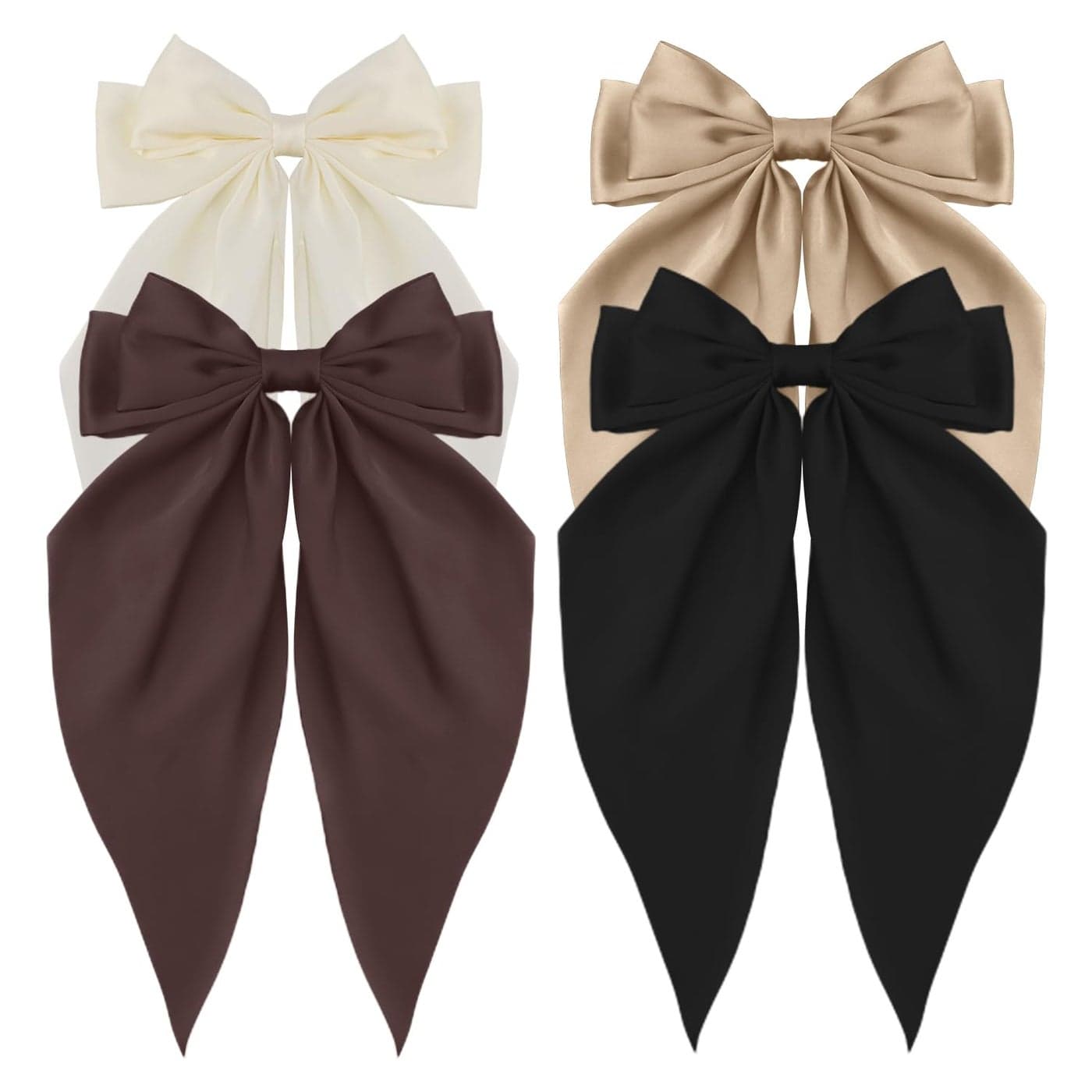 Silky Satin Hair Accessories 4Pcs Large Oversized Ribbons Long Tail Bowknot Barrettes with Metal Clips for Women and Girls in Beige Black Brown Khaki