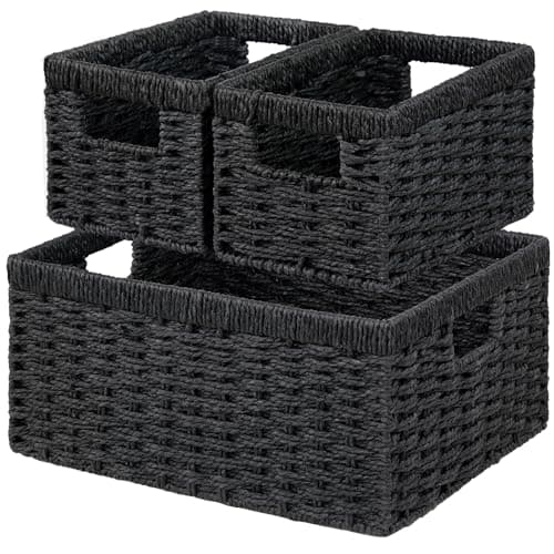 Vagusicc Wicker Storage Basket, Set of 3 Wicker Basket, Hand-Woven Paper Rope Storage Baskets for Organizing, Large Cube Storage Organizer Bins Baskets for Shelves Small Toilet Paper Baskets, Black