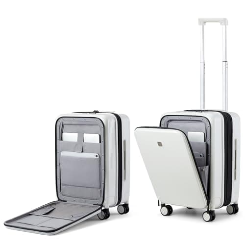 Hanke Grace Expandable Carry On Luggage with Wheels Airline Approved Hard Shell Suitcases with Front Pocket,Top Opening Luggage with TSA Lock for Short Business Travel, Smoke White.