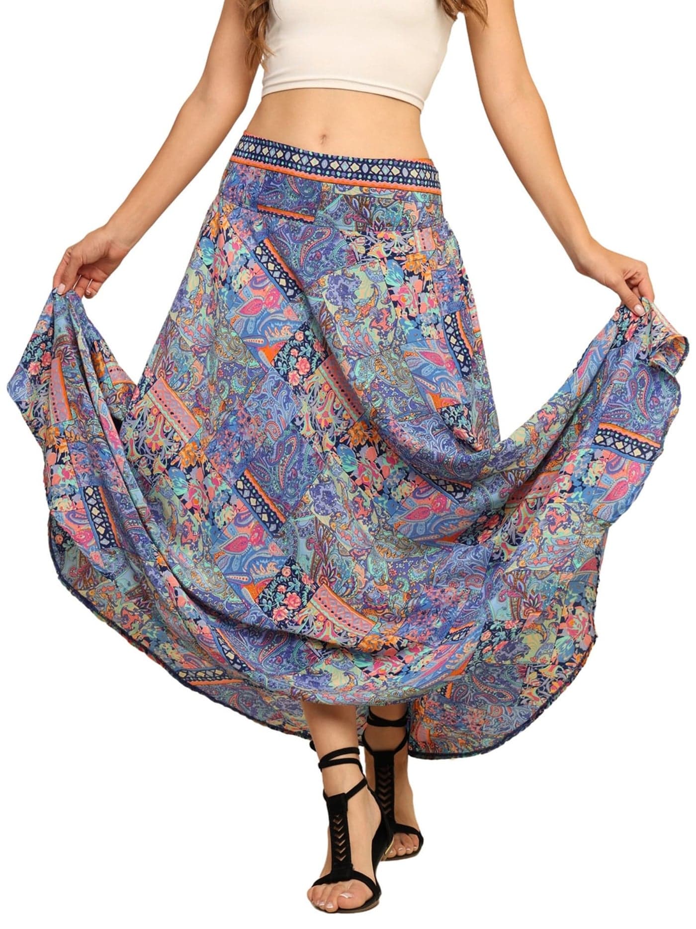 KE KANHA EXPORTS Skirt for Woman|Long Maxi Skirt for Woman|Boho Beach Border Print|Lightweight Flowy Travel Outfit|Multicolor|Easily fits S to L|Waist 28-44 inches|Length 38 inches