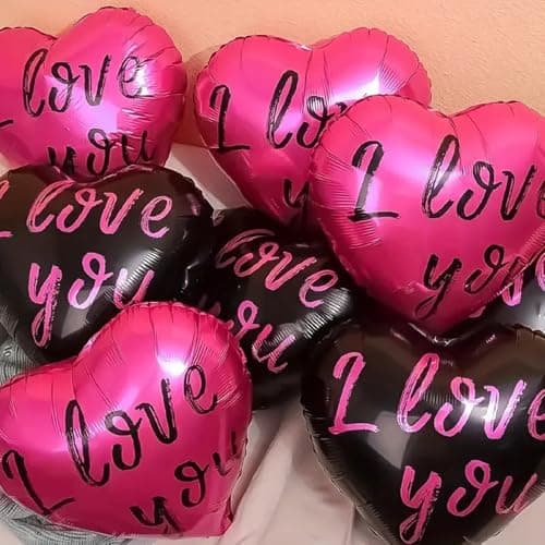 AMFIN (Pack of 5) 18 Inch Heart Foil Balloons, "I Love You" Printed - Dark Pink & Black