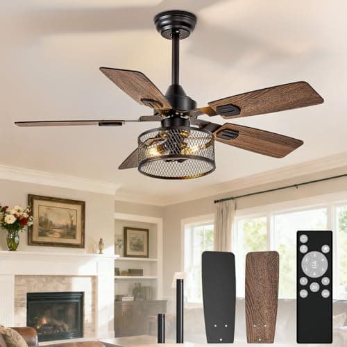Depuley 42-Inch Ceiling Fans with Lights: Caged Ceiling Fans Dual Finish 5 Blades - Farmhouse Ceiling Fan with Remote Control for Rustic Living Room Outdoor Patio Reversible (Black Walnut)