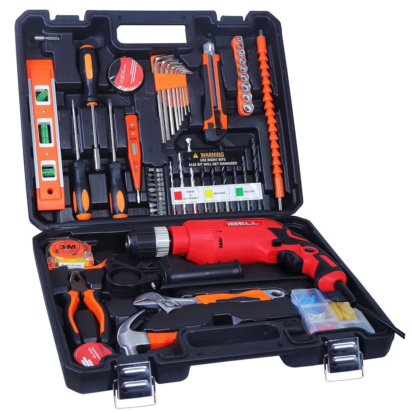 IBELL Professional Tool Kit with Impact Drill TD13100 650W Copper Armature Chuck 13mm Keyless Auto 105 Home Essential ToolsAccessories
