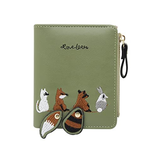 WisePoint Womens Wallet, Leather Purse Credit Card Holder with with Embroidered Animal Pattern, Portable and Small Wallets for Women with Zipper Pocket (green)