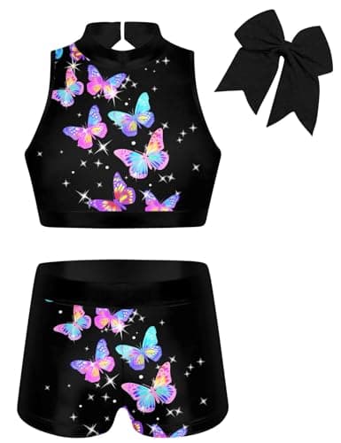 Vogseek Girls Gymnastics Leotards Sparkle 3 Piece Biketards for 6T Kid Girls' Black Butterflies Tumbling Outfits Size 6 7 Ballet Dance Leotards with Shorts
