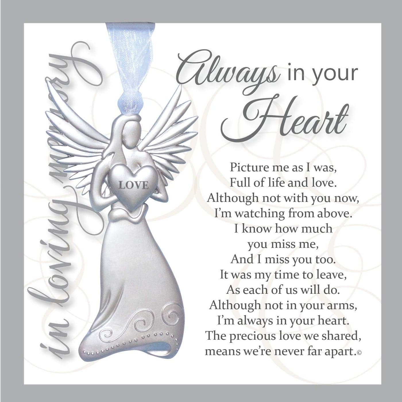 Always in Your Heart Sympathy Sentiment Memorial GiftRemembrance OrnamentBereavement GiftSympathy Gift for Loss of Family MemberMetal Color AngelNonPersonalized