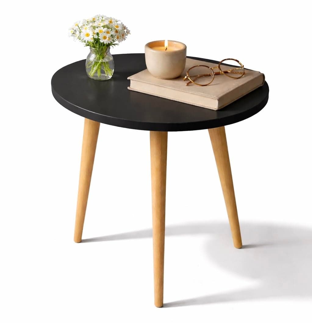 Kundi Elegant Vintage Wooden Folding Table - Round Shape, Ideal for Living Room, Kids Play Area, End Table, Plant Stand, or Stool (Black) (Black)