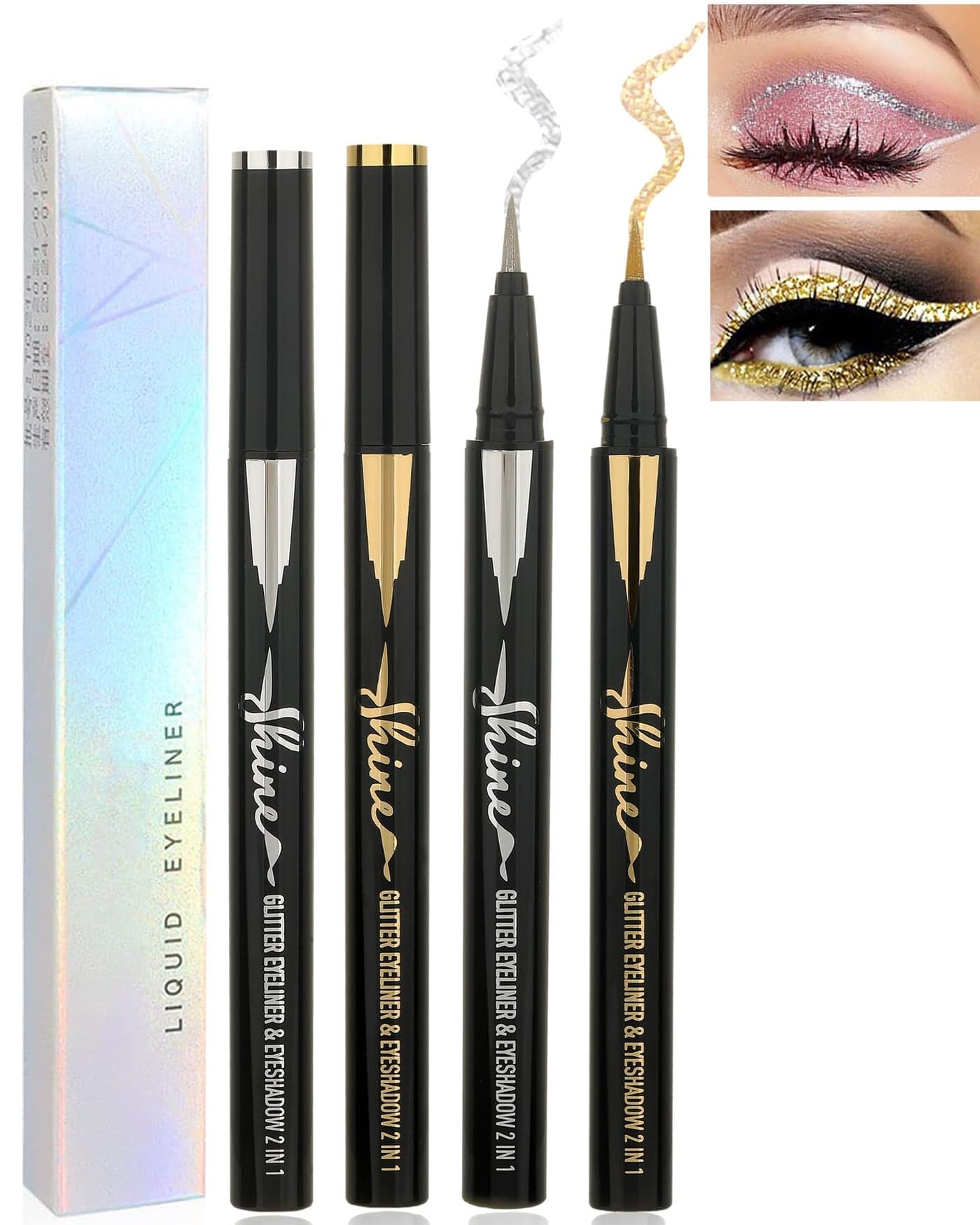 Lysdefeu Gold Silver Glitter Liquid Eyeliner Pencil 2 Pcs Long Lasting Waterproof Smudgeproof Pigmented Shimmery Finish