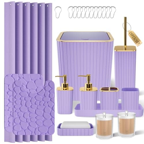 XLHOMO Bathroom Accessories Set 25PC Bathroom Sets with Shower Curtain and Rugs Purple Bathroom Set with Trash Can Soap Dispenser Soap Dish Toilet Brush