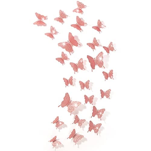 BBTO 48 Pieces Butterfly Wall Decor DIY 3D Mirror Butterfly Stickers Removable Decals Crafts for Birthday Party Bedroom School Bathroom Living Room Decor(Glitter Pink)