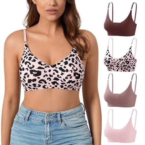 DEANGELMON 4 Pieces V Neck Bralettes Padded Seamless Adjustable Straps Bra Everyday Basic Sleeping Bras (4P7,M)