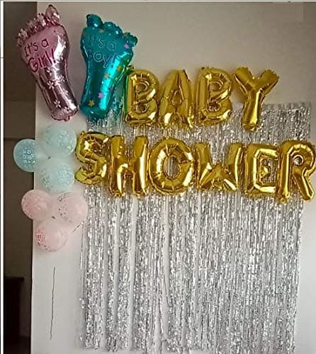 Amit Marketing Baby Shower Decoration Kit Combo - Fringe Foil Curtains, Banner, Foot Balloons & Latex Metallic Balloons I It?s a boy and a Girl Lovely Balloon I Party Decor items - Set of 15 Pcs