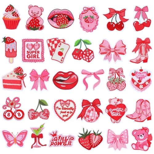 Maysing 30 Pcs Strawberry Pink Bow Iron on Patches Pink Embroidered Patches Cowgirl Bear Desserts Cherries Cute Bow Aesthetic Sew on Iron on DIY Craft Accessories for Preppy Girls Women Backpack Hat