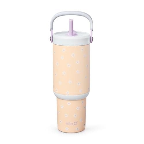 Ello Oasis Go 26oz Tumbler with Top Handle and Retracting Straw Reusable Insulated Stainless Steel Cup 100 Leakproof Water Bottle 24 Hours Cold Cup Holder Friendly For Travel Daisies