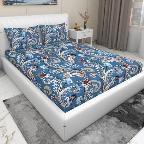 RD TREND Presents Bedsheet for Double Bed 210 TC, Size- 90/100 Inchs (228/254 CM),Polycotton Double Bed bedsheet with 2 Pillow Covers(18/28 Inchs) Color-Blue Pattern- Paisly
