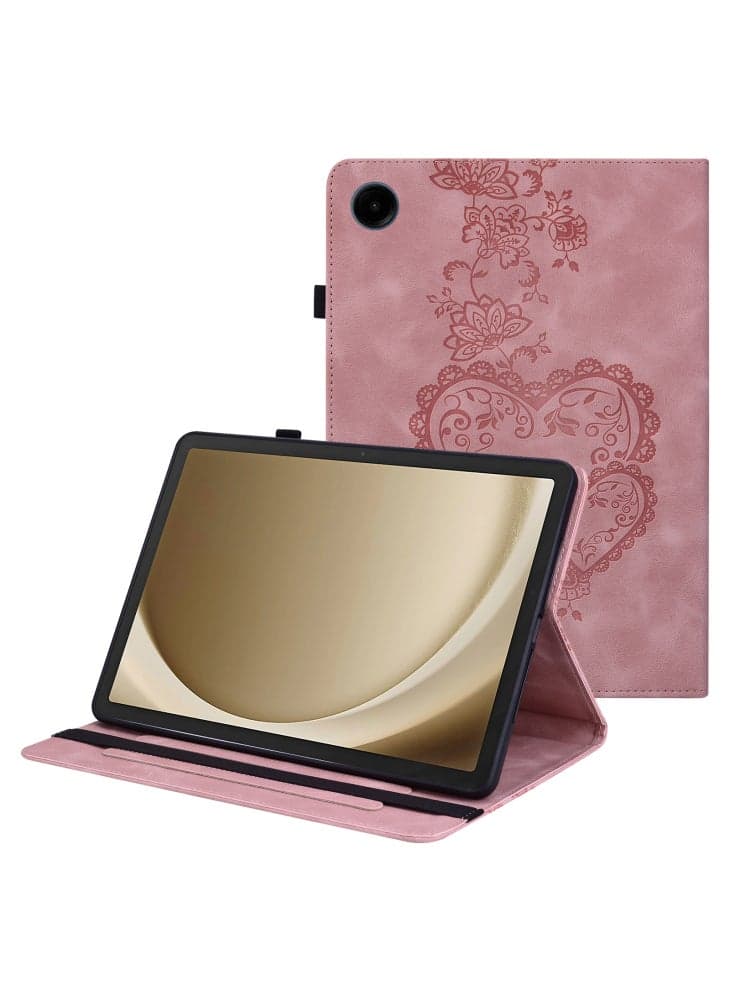 For Samsung Galaxy Tab A9+ Leather Case Heart Imprint Foldable Stand Card Slot Stylus Holder Tablet Cover - Pink
