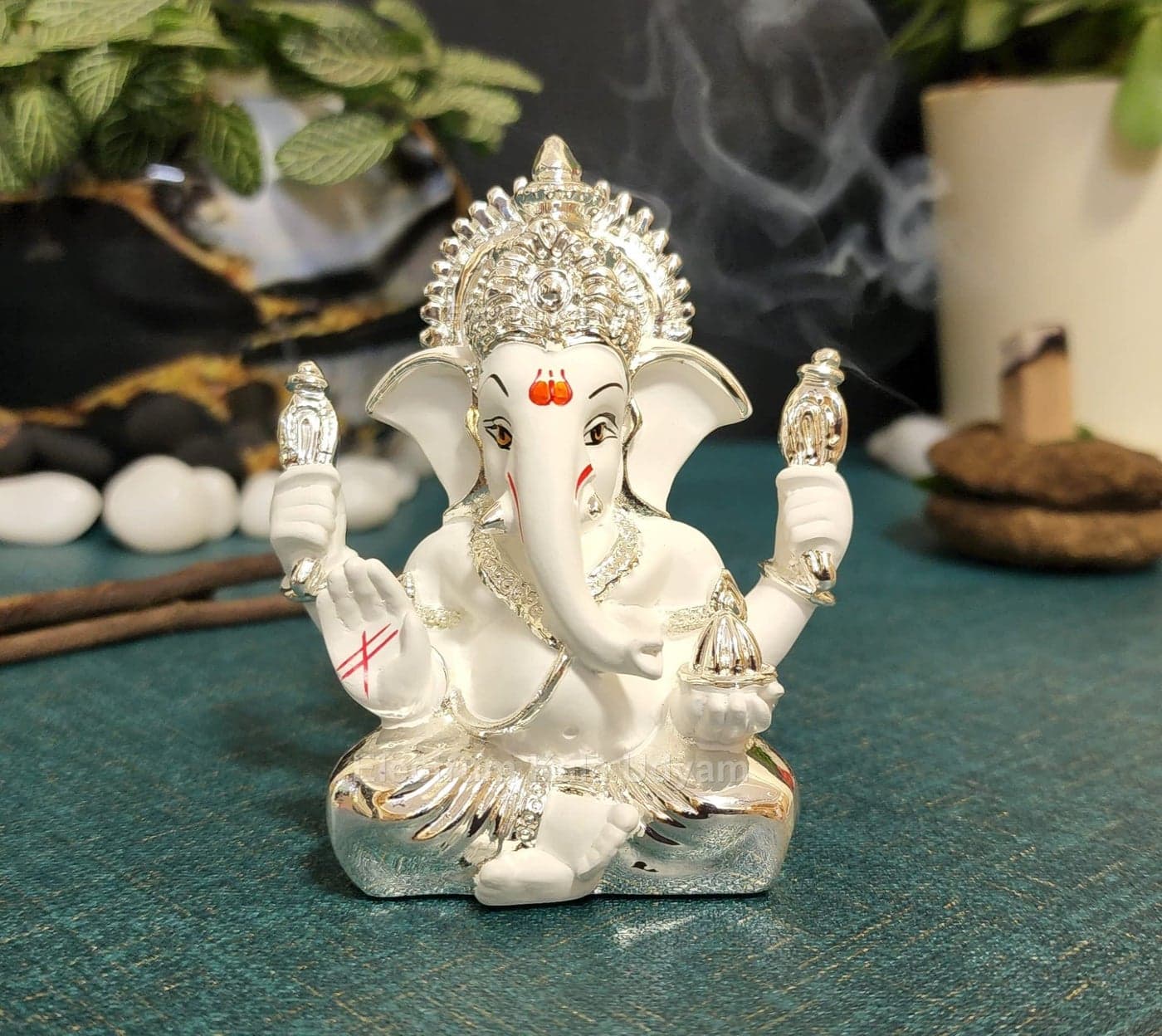 Electrum Kala udyam Divine Ganesha White Idol with Silver Plated | for Car Dashboard, Office Desk | Perfect for Housewarming Festive Gifting (4handmukutSilverWhite), Religious