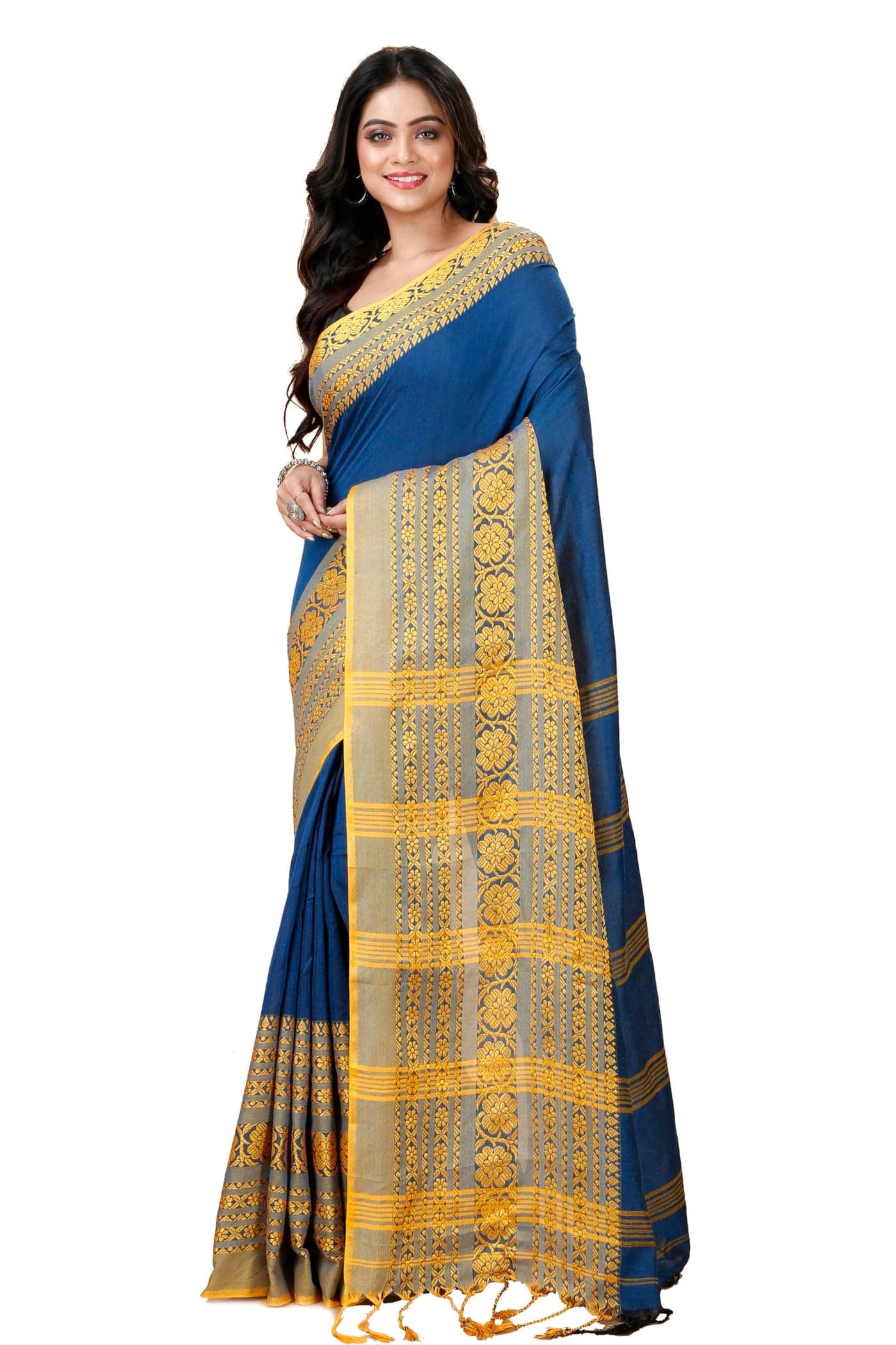 OISHANI SAREE GHOR Women's Traditional Bengal Begampuri Cotton Saree With Blouse Piece. (Teal Gold)