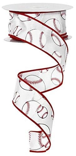 Baseball Print Satin Wired Ribbon 15 Wide x 10 Yards for Sports Bows Wreaths Gift Wrap Crafts and Decorations White Red Black