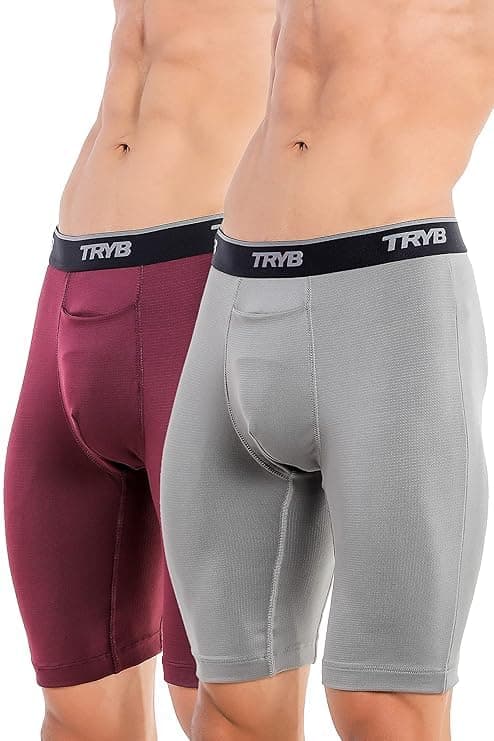 TRYB Mens Compression Shorts Long Leg Performance Underwear Spandex Running Workout Athletic Quick Dry Tights Boxer Brief Trunk Pro-Compression-Maroon-XL