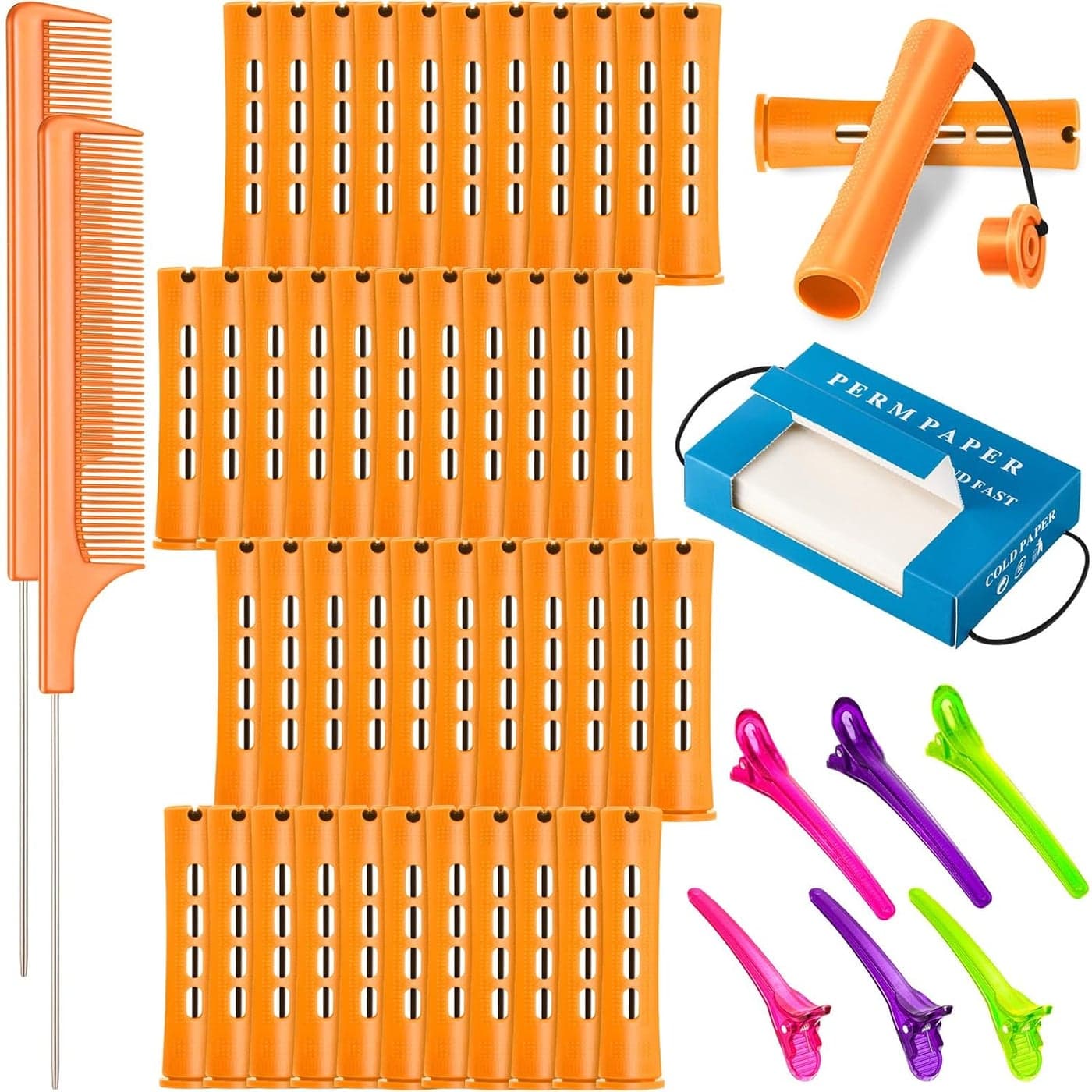 WILLBOND Hair Styling Kit 48 Hair Perm Rods Plastic Cold Wave Rods 2 Steel Pintail Combs 350 Perm Papers 6 Duck Bill Clips for Hairdressing StylingOrange