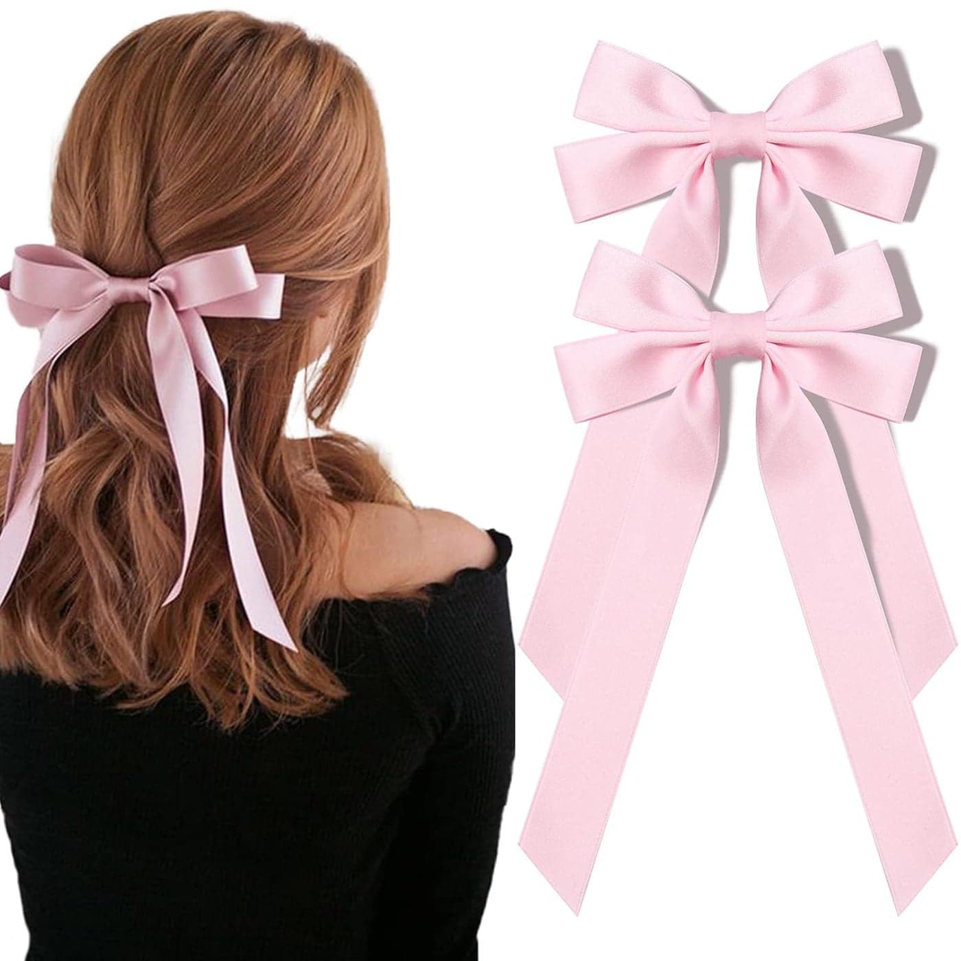 Silky Satin Hair Bows and Ribbons 2PCS Pink Alligator Clips for Ponytail Holders Hair Accessories for Women Girls Toddlers and Teens