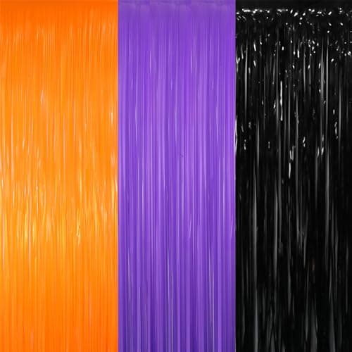 GOER 3.2 ft x 8.2 ft Metallic Tinsel Foil Fringe Curtains for Halloween Birthday Graduation New Year's Party Decorations(1 Pack,Black&Orange&Purple)