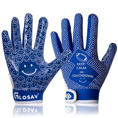 GLOSAV Youth Football Gloves, Super Sticky Receiver Gloves for Kids, Sporty Gifts for Boys & Girls Flagfootball Play (Blue, Small- Youth)