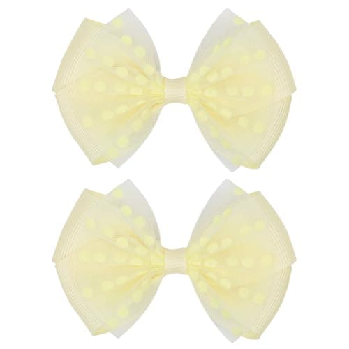 Zolyco Tiny 3 Inch Dot Organza Double Hair Bow Clips Cute Lined Boutique Alligator Hairpin for Girls Toddlers and Little Teens Kids Barrettes Set of 2 Small Stylish Yellow