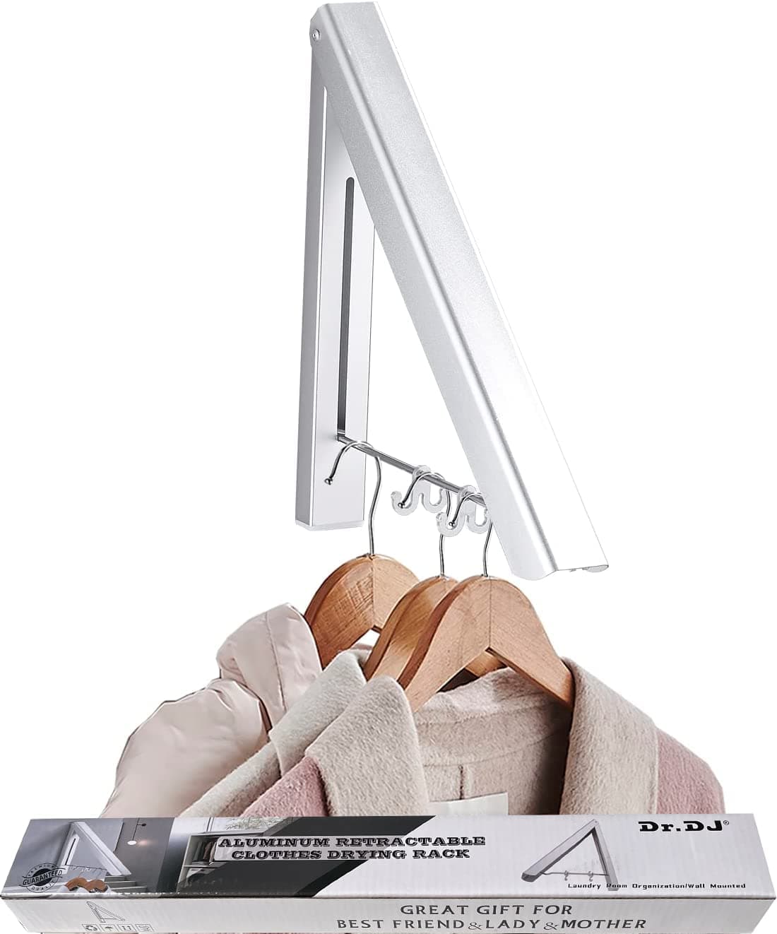 DrDJ Retractable Clothes Rack Wall Mounted Clothes Hanger Foldable Clothes Drying Rack Wall Mount Coat Hangers for Laundry Indoor Aluminium 1 Rack Silver