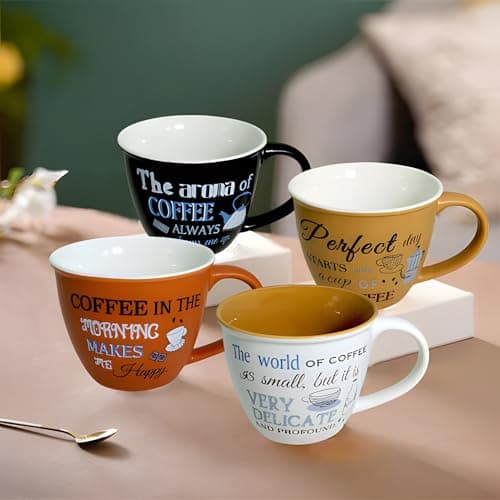 Lemon Tree Ceramic Coffee Cups - Set of 4, 220ml Each Cup, Microwave & Dishwasher Safe, Mugs with Handle for Cappuccino, Milk, Latte hot/Cold Drinks