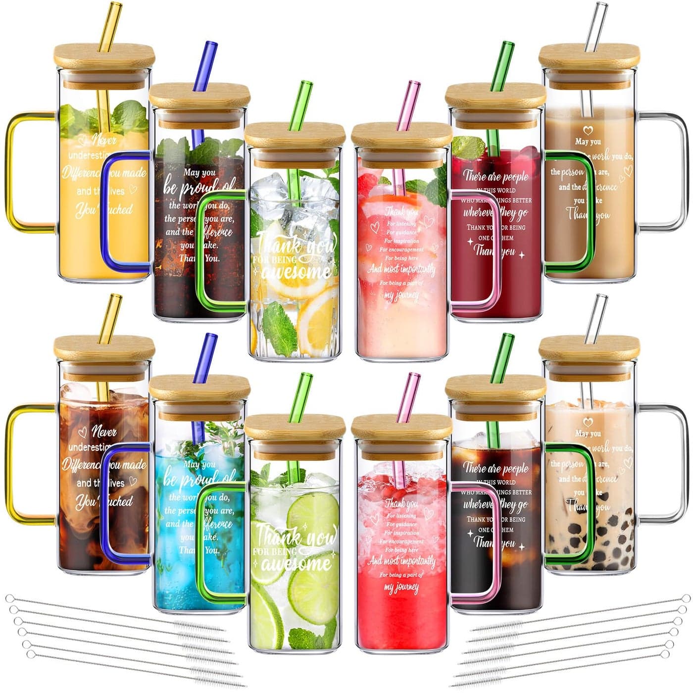 Uiifan 12 Pcs Employee Appreciation Gifts Christmas Gifts for Coworkers Thank You Glass Cups with Lids Straws 135 oz Iced Coffee Cups with Handle Bulk for Volunteer Employee Teacher Nurse Thank you