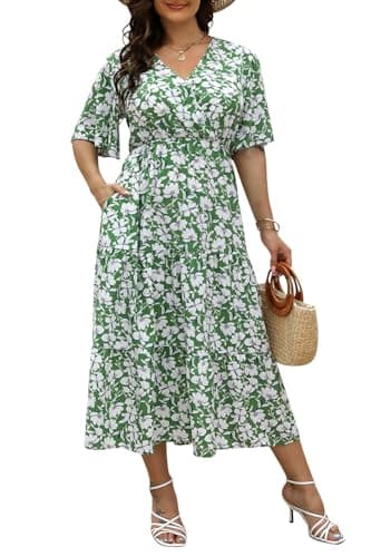 Keluummi Plus Size Summer Wedding Guest Maxi Dresses for Curvy Women, Casual Floral 3/4 Sleeve Emipre Waist V Neck Long Dress(16 Plus, 02 - Green Floral)