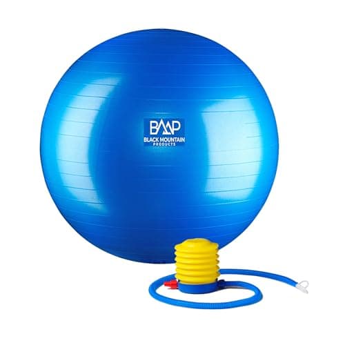 Black Mountain Products Profesional Grade Exercise Stability Yoga Ball, Foot Pump, Ball Plug, Plug Puller, 2000 Lbs Static Weight Capacity Antiburst 75cm Blue