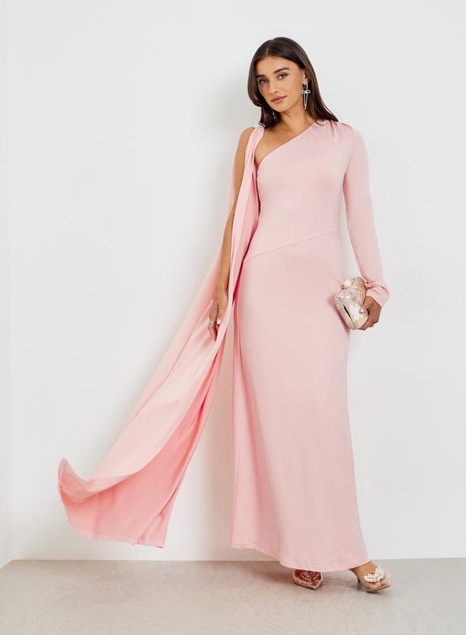 Pink One Shoulder Drape Shawl Maxi Dress