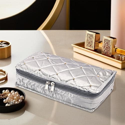 Kuber Industries Satin Large Jewellery Kit with 6 Pouches | Foldable Jewellery Organisers Bag for Necklaces, Rings, Earrings & Bracelets | Moti Design - Grey