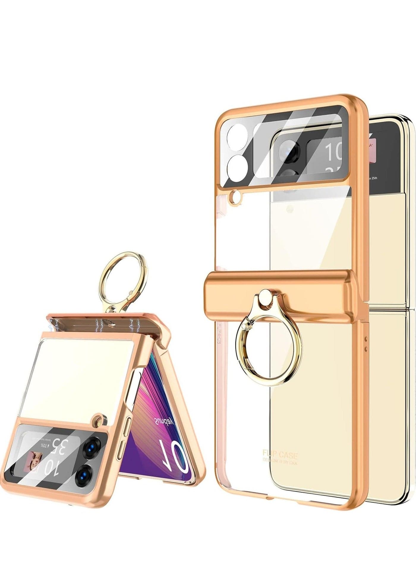 Case for Samsung Galaxy Z Flip 4 with Ring Holder, Magnetic Hinge Protection, Ultra Slim Crystal Case Plating Protective Cover Built-in Back Screen Protector for Galaxy Z Flip 4 (Z Flip 4, Gold)