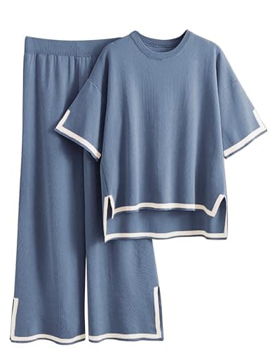 Tanming Sweater Sets Women 2 Piece Lounge Sets Short Sleeve Knit Pullover Tops Wide Leg Pants (Blue-M)