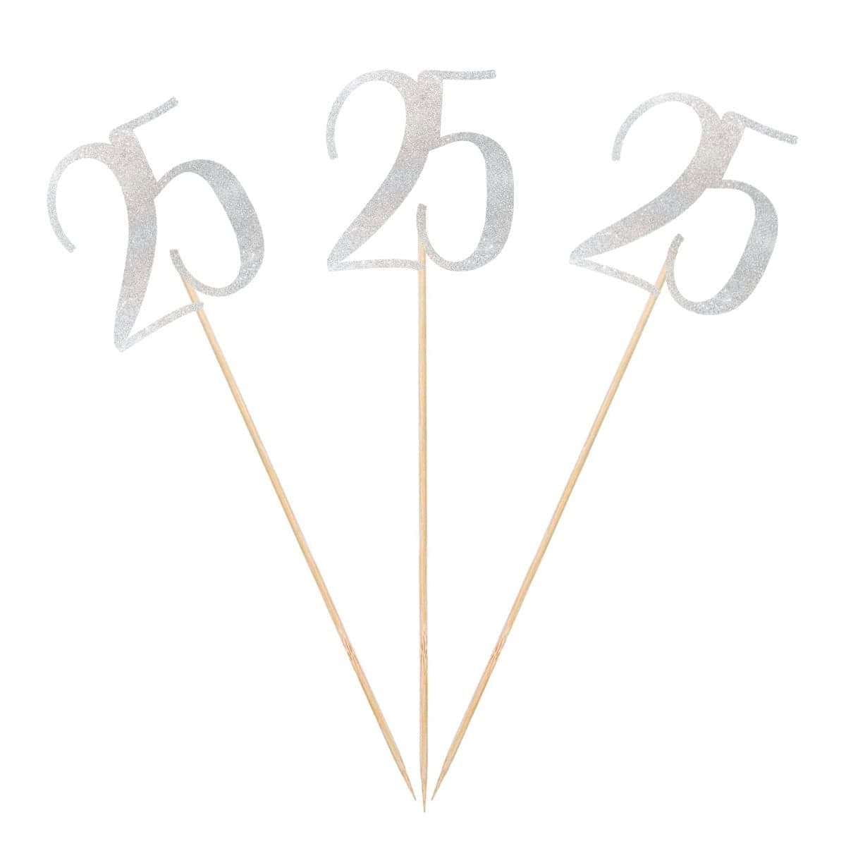Silver Glitter 25th Birthday Centerpiece Sticks 12Pack Number 25 Table Topper Anniversary Party Decorations