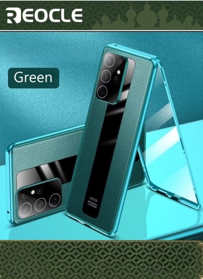 Magnetic Case for Samsung Galaxy S22 Ultra Super Magnetic Adsorption Front HD 10H Tempered Glass Leather Back Metal Bumper Frame 360° Full Body Case